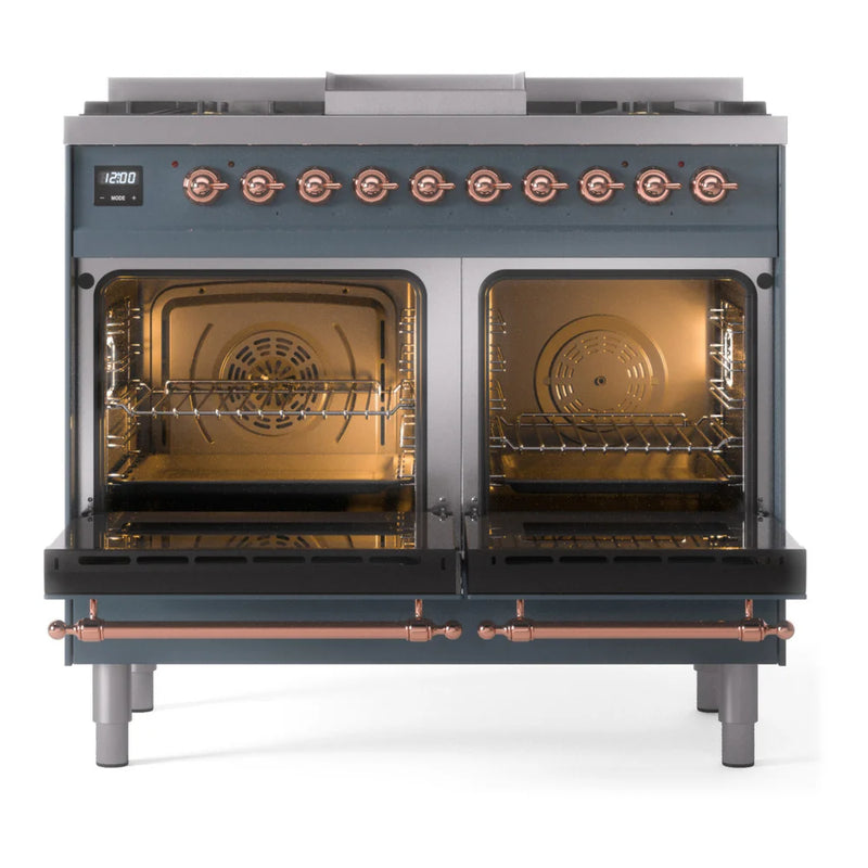 ILVE Nostalgie II 40" Dual Fuel Freestanding Range in Blue Grey with Copper Trim, UPD40FNMPBGPLP