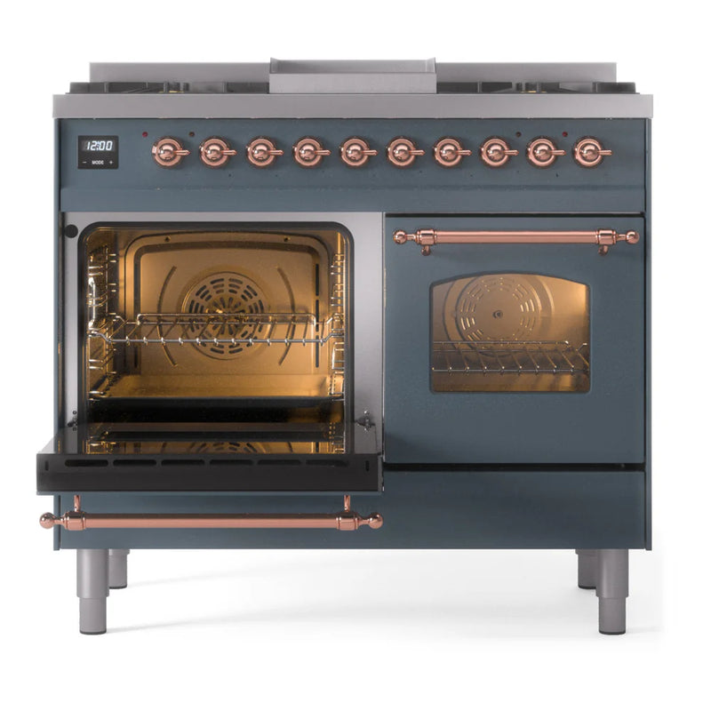 ILVE Nostalgie II 40" Dual Fuel Freestanding Range in Blue Grey with Copper Trim, UPD40FNMPBGPLP