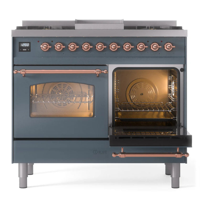 ILVE Nostalgie II 40" Dual Fuel Freestanding Range in Blue Grey with Copper Trim, UPD40FNMPBGPLP