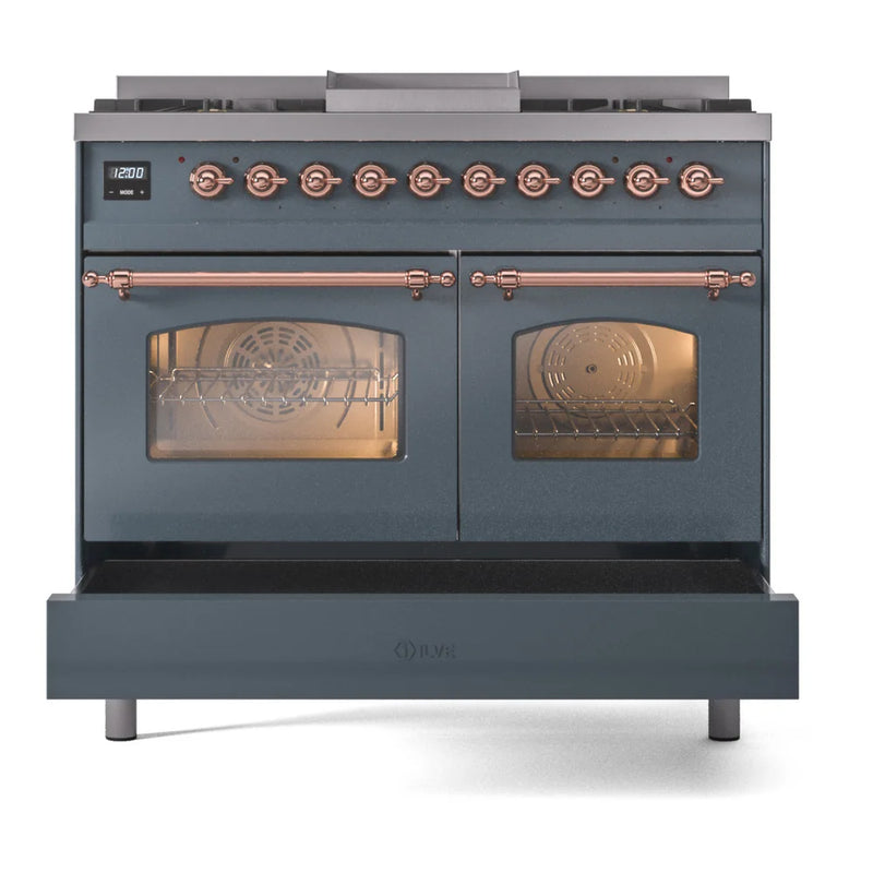 ILVE Nostalgie II 40" Dual Fuel Freestanding Range in Blue Grey with Copper Trim, UPD40FNMPBGPLP