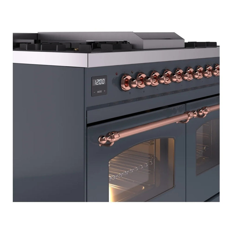 ILVE Nostalgie II 40" Dual Fuel Freestanding Range in Blue Grey with Copper Trim, UPD40FNMPBGPLP