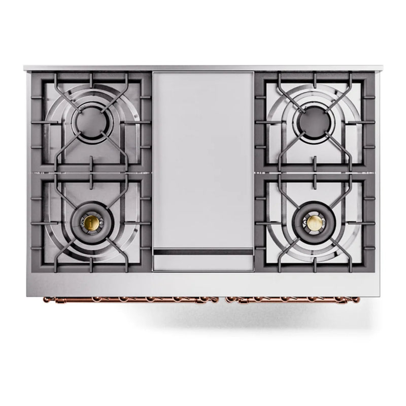 ILVE Nostalgie II 40" Dual Fuel Freestanding Range in Blue Grey with Copper Trim, UPD40FNMPBGPLP