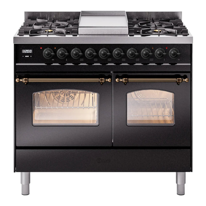 ILVE Nostalgie II 40" Dual Fuel Freestanding Range in Glossy Black with Burnished Trim, UPD40FNMPBKBLP