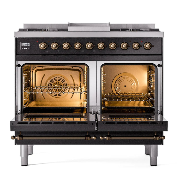ILVE Nostalgie II 40" Dual Fuel Freestanding Range in Glossy Black with Burnished Trim, UPD40FNMPBKBLP