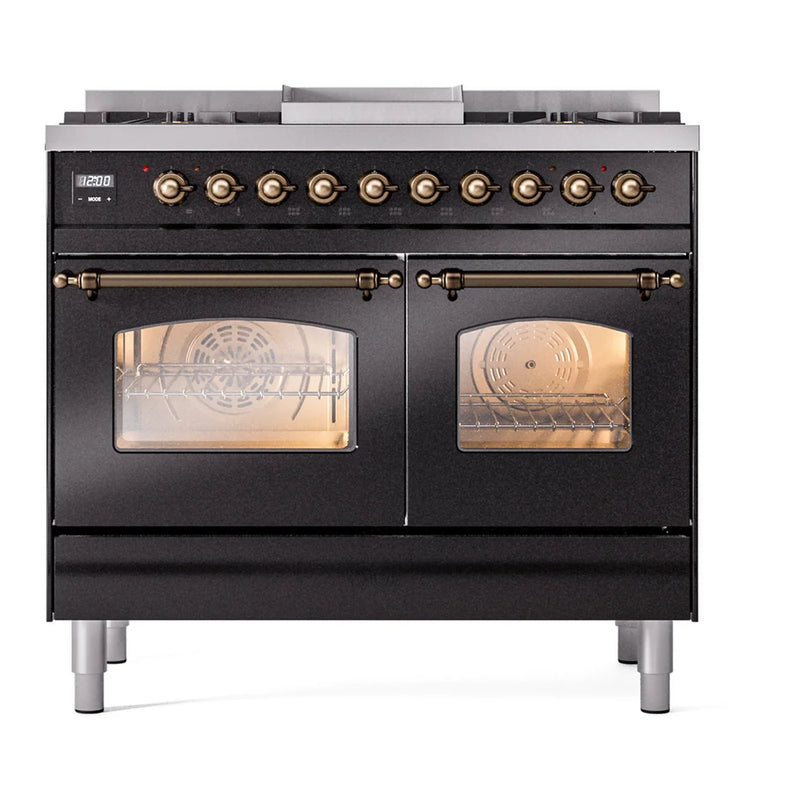 ILVE Nostalgie II 40" Dual Fuel Freestanding Range in Glossy Black with Burnished Trim, UPD40FNMPBKB