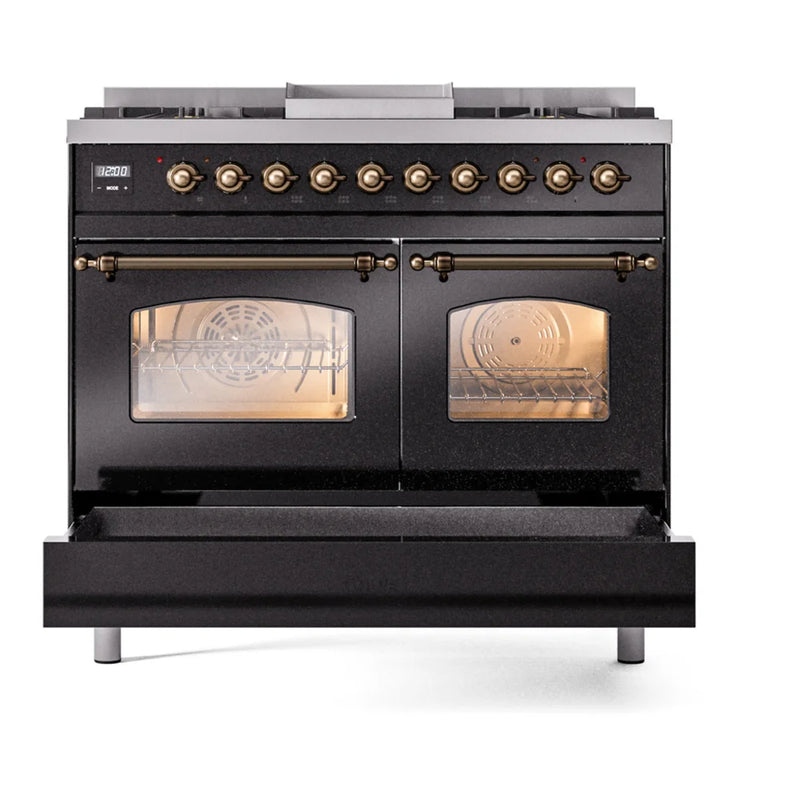 ILVE Nostalgie II 40" Dual Fuel Freestanding Range in Glossy Black with Burnished Trim, UPD40FNMPBKB