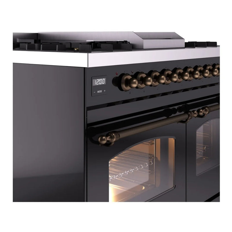 ILVE Nostalgie II 40" Dual Fuel Freestanding Range in Glossy Black with Burnished Trim, UPD40FNMPBKB