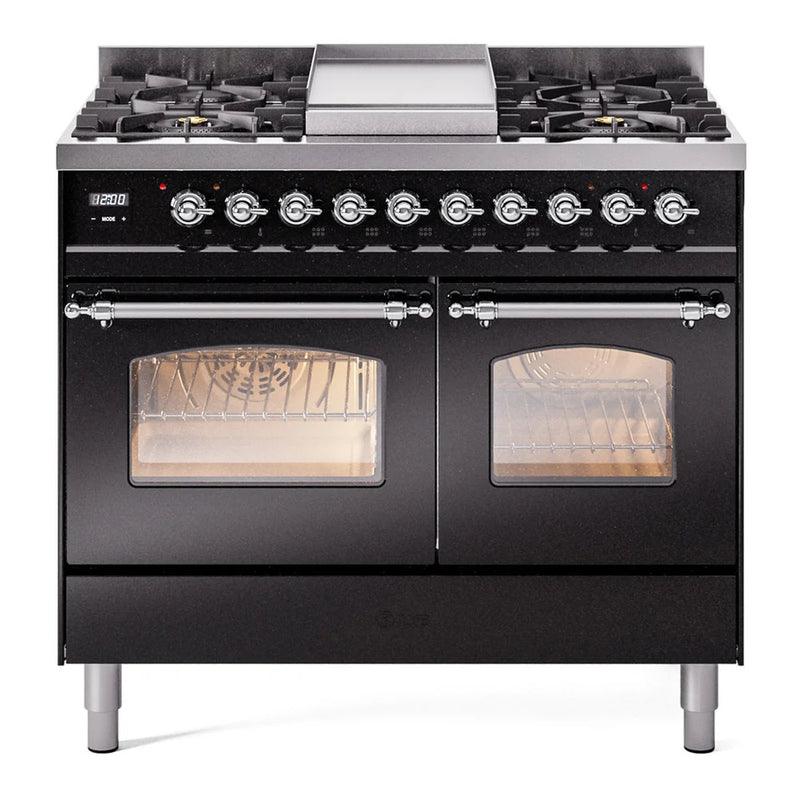ILVE Nostalgie II 40" Dual Fuel Freestanding Range in Glossy Black with Chrome Trim, UPD40FNMPBKCLP