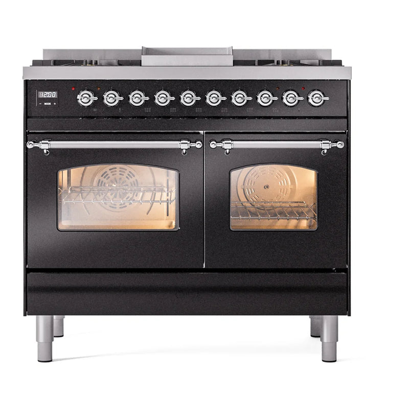 ILVE Nostalgie II 40" Dual Fuel Freestanding Range in Glossy Black with Chrome Trim, UPD40FNMPBKCLP