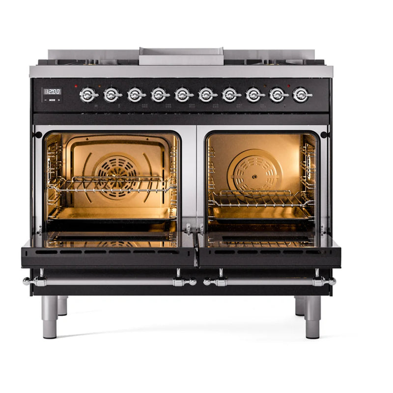 ILVE Nostalgie II 40" Dual Fuel Freestanding Range in Glossy Black with Chrome Trim, UPD40FNMPBKCLP