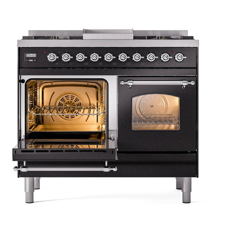 ILVE Nostalgie II 40" Dual Fuel Freestanding Range in Glossy Black with Chrome Trim, UPD40FNMPBKCLP