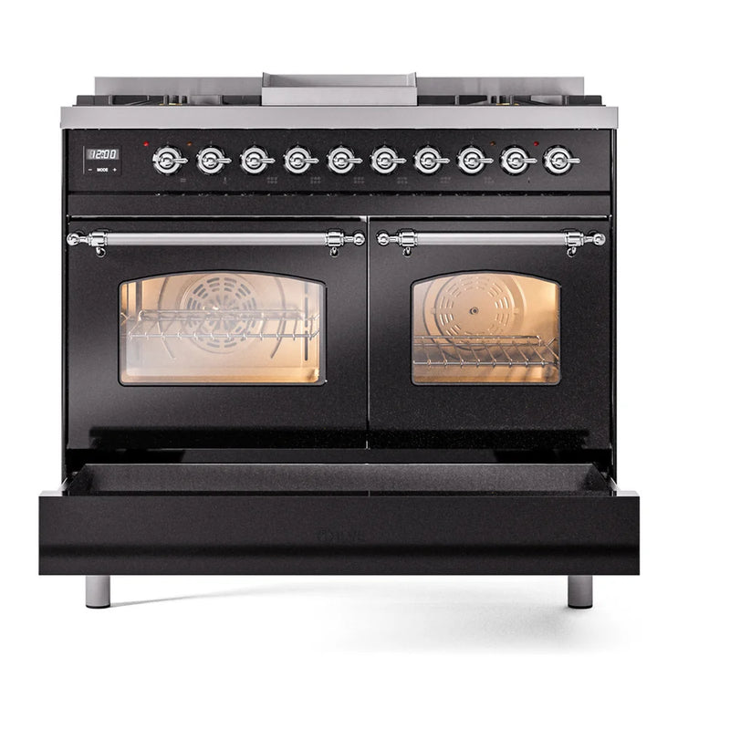 ILVE Nostalgie II 40" Dual Fuel Freestanding Range in Glossy Black with Chrome Trim, UPD40FNMPBKC