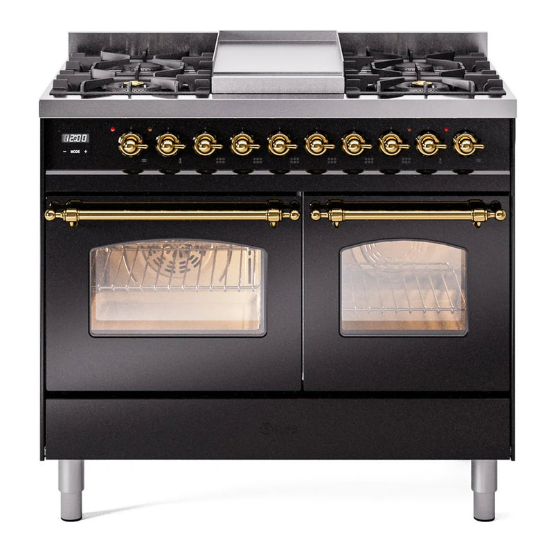 ILVE Nostalgie II 40" Dual Fuel Freestanding Range in Glossy Black with Brass Trim, UPD40FNMPBKGLP