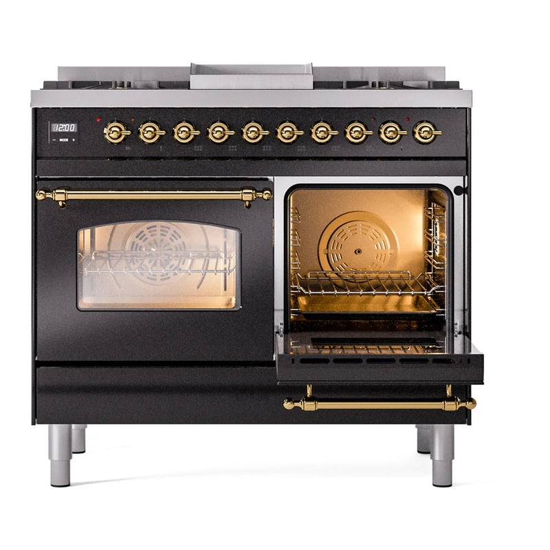 ILVE Nostalgie II 40" Dual Fuel Freestanding Range in Glossy Black with Brass Trim, UPD40FNMPBKGLP