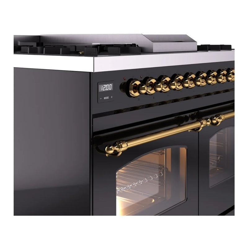 ILVE Nostalgie II 40" Dual Fuel Freestanding Range in Glossy Black with Brass Trim, UPD40FNMPBKGLP