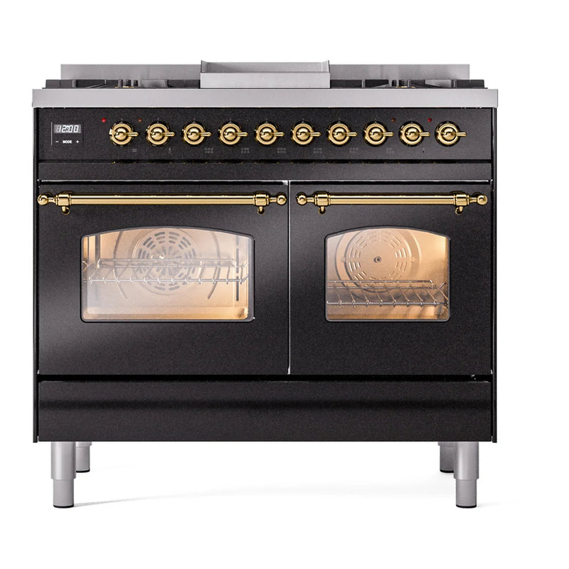 ILVE Nostalgie II 40" Dual Fuel Freestanding Range in Glossy Black with Brass Trim, UPD40FNMPBKG