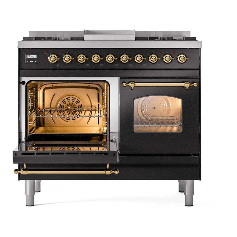 ILVE Nostalgie II 40" Dual Fuel Freestanding Range in Glossy Black with Brass Trim, UPD40FNMPBKG