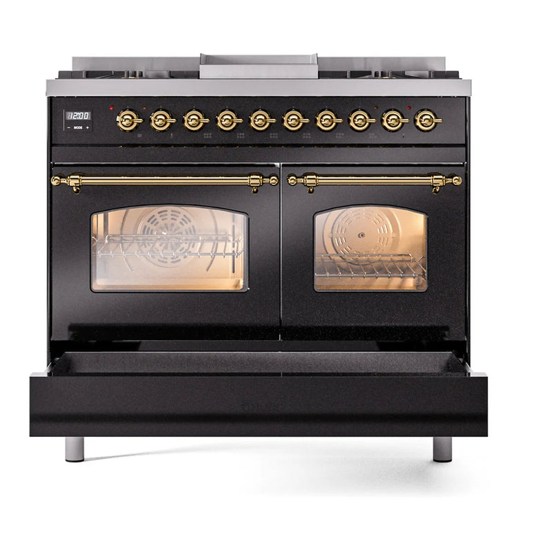 ILVE Nostalgie II 40" Dual Fuel Freestanding Range in Glossy Black with Brass Trim, UPD40FNMPBKG