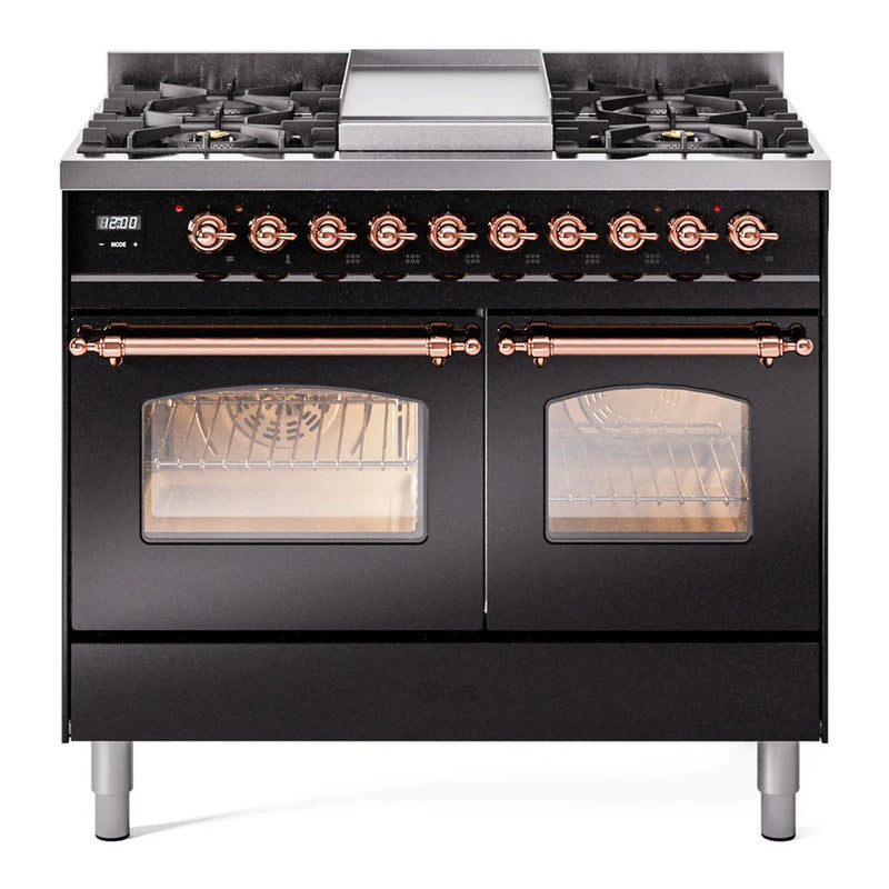 ILVE Nostalgie II 40" Dual Fuel Freestanding Range in Glossy Black with Copper Trim, UPD40FNMPBKPLP