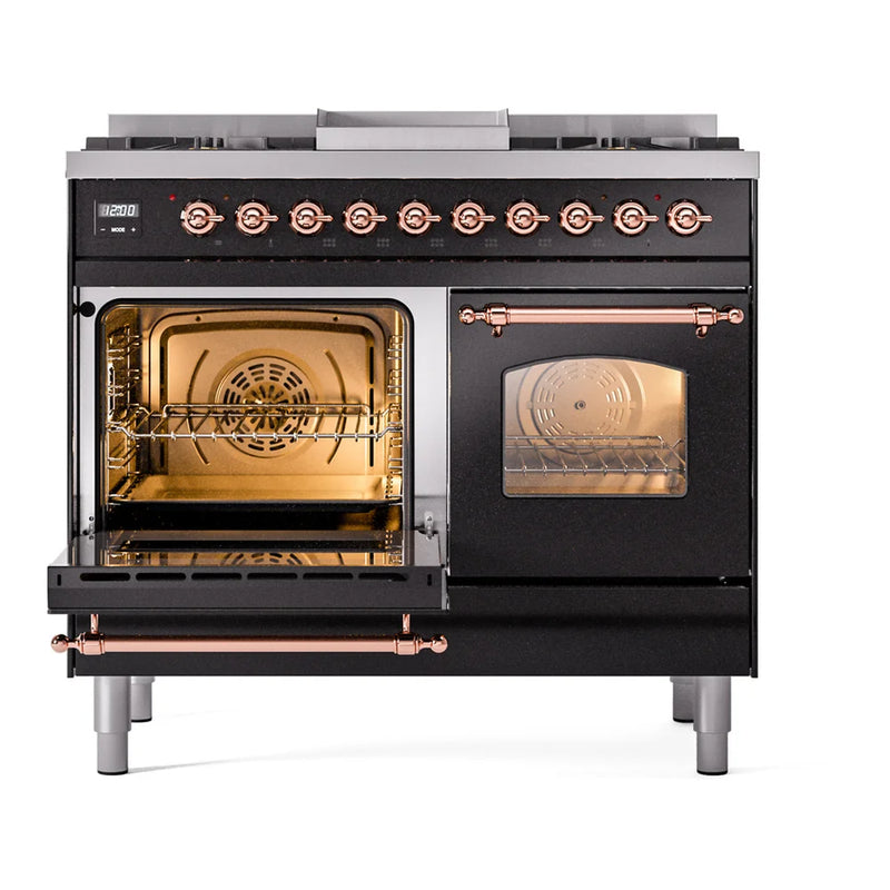 ILVE Nostalgie II 40" Dual Fuel Freestanding Range in Glossy Black with Copper Trim, UPD40FNMPBKPLP