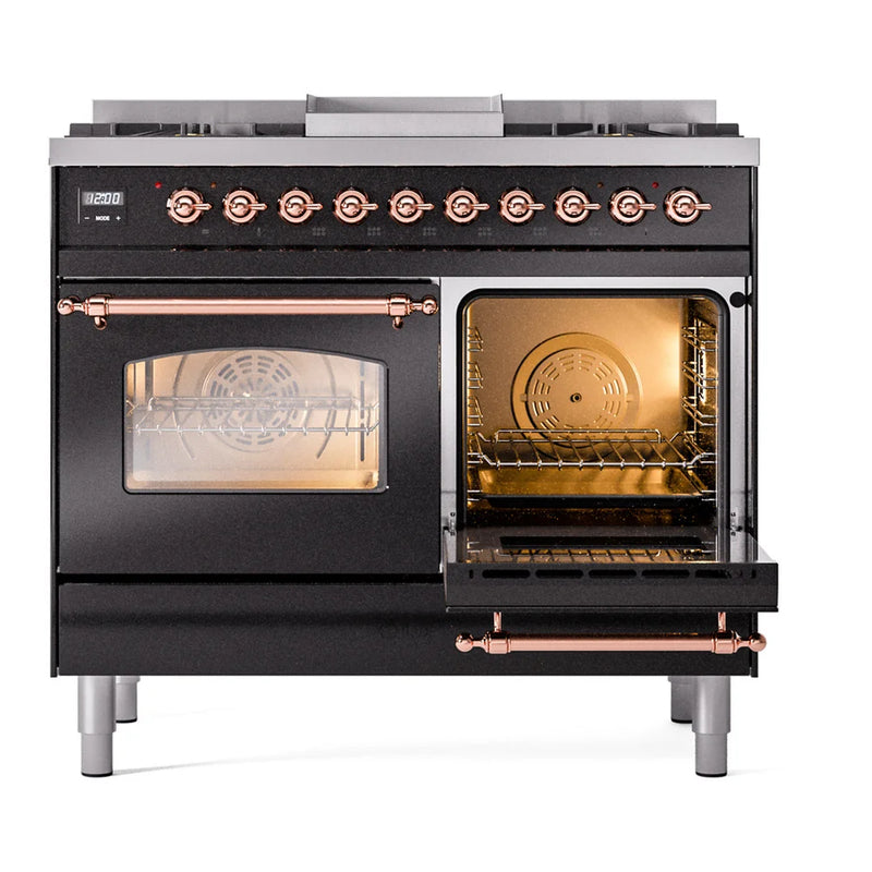 ILVE Nostalgie II 40" Dual Fuel Freestanding Range in Glossy Black with Copper Trim, UPD40FNMPBKPLP