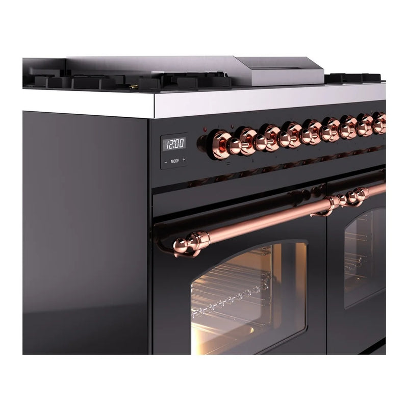 ILVE Nostalgie II 40" Dual Fuel Freestanding Range in Glossy Black with Copper Trim, UPD40FNMPBKPLP