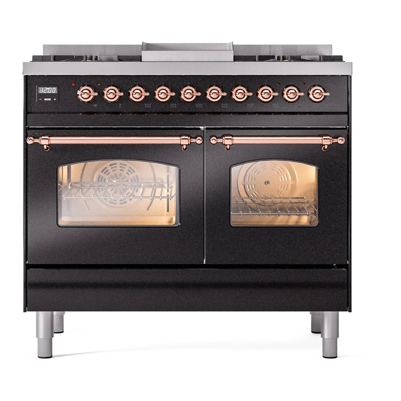 ILVE Nostalgie II 40" Dual Fuel Freestanding Range in Glossy Black with Copper Trim, UPD40FNMPBKP