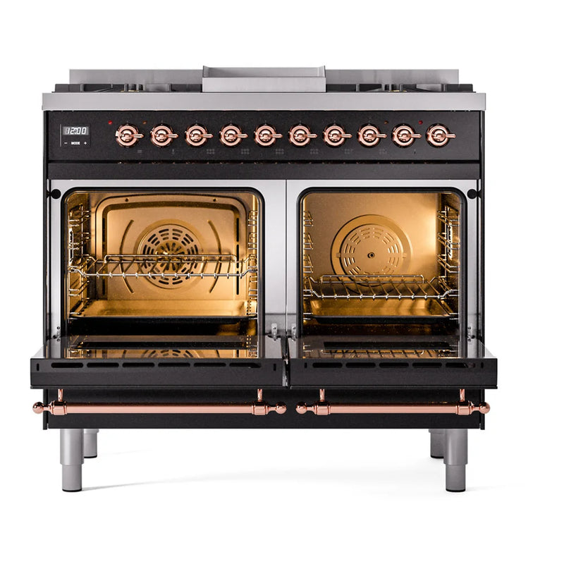 ILVE Nostalgie II 40" Dual Fuel Freestanding Range in Glossy Black with Copper Trim, UPD40FNMPBKP