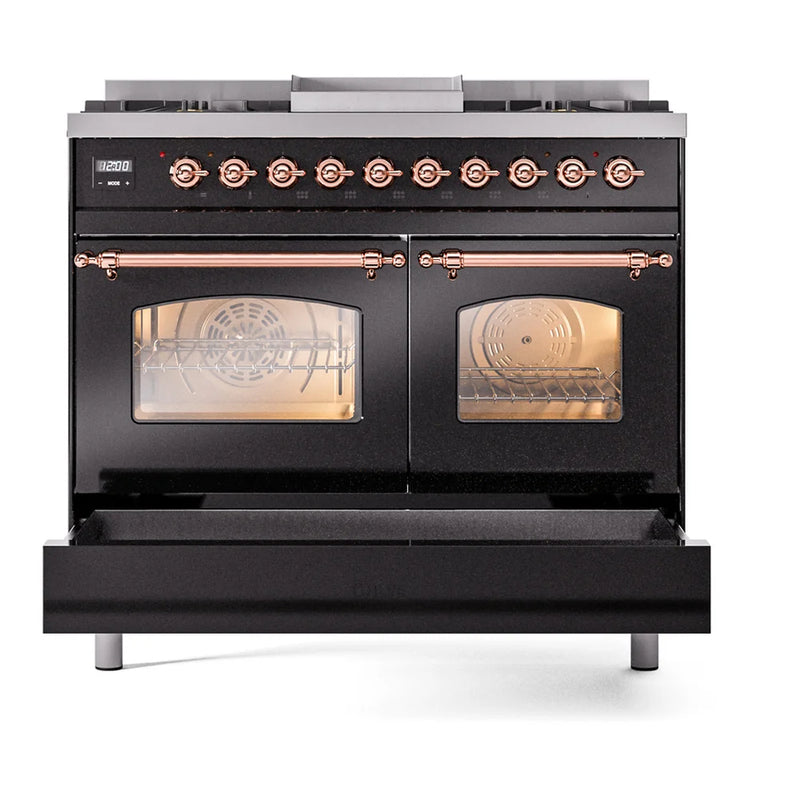 ILVE Nostalgie II 40" Dual Fuel Freestanding Range in Glossy Black with Copper Trim, UPD40FNMPBKP