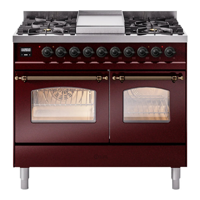 ILVE Nostalgie II 40" Dual Fuel Freestanding Range in Burgundy with Burnished Trim, UPD40FNMPBUBLP