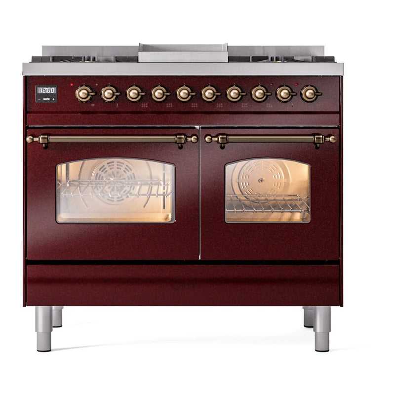 ILVE Nostalgie II 40" Dual Fuel Freestanding Range in Burgundy with Burnished Trim, UPD40FNMPBUBLP