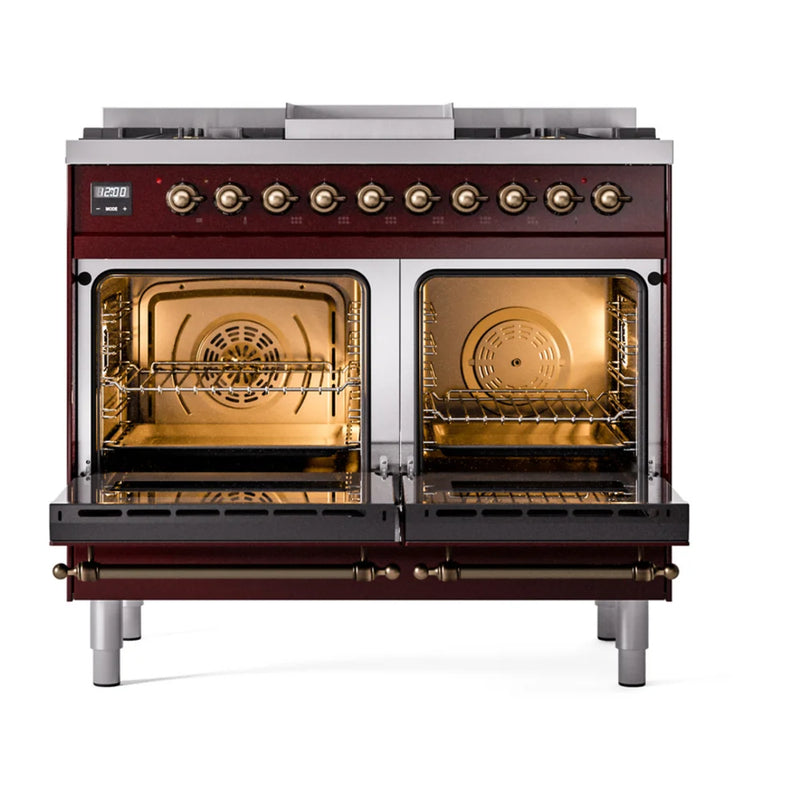ILVE Nostalgie II 40" Dual Fuel Freestanding Range in Burgundy with Burnished Trim, UPD40FNMPBUBLP