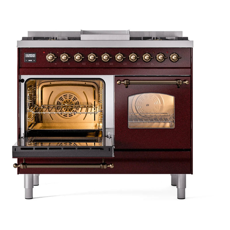 ILVE Nostalgie II 40" Dual Fuel Freestanding Range in Burgundy with Burnished Trim, UPD40FNMPBUBLP