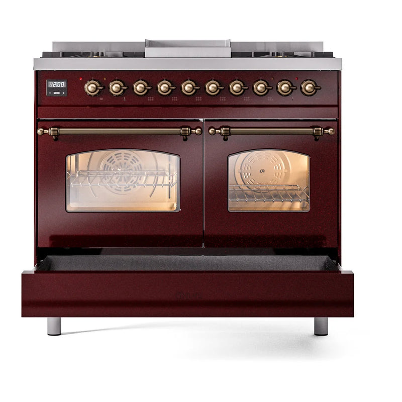 ILVE Nostalgie II 40" Dual Fuel Freestanding Range in Burgundy with Burnished Trim, UPD40FNMPBUBLP