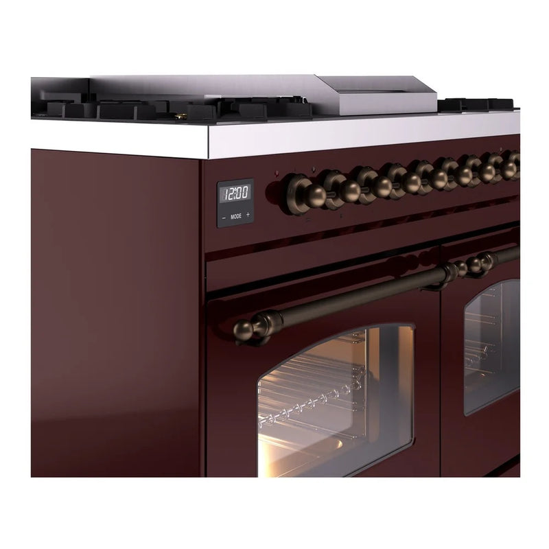 ILVE Nostalgie II 40" Dual Fuel Freestanding Range in Burgundy with Burnished Trim, UPD40FNMPBUBLP