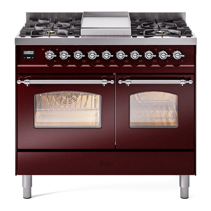 ILVE Nostalgie II 40" Dual Fuel Freestanding Range in Burgundy with Chrome Trim, UPD40FNMPBUCLP