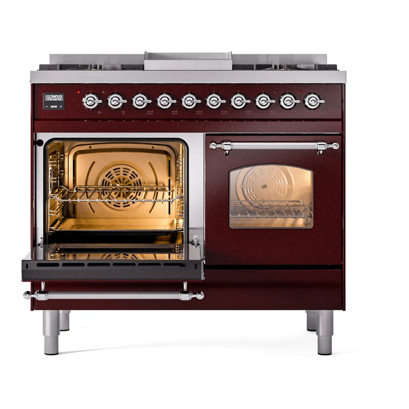 ILVE Nostalgie II 40" Dual Fuel Freestanding Range in Burgundy with Chrome Trim, UPD40FNMPBUCLP
