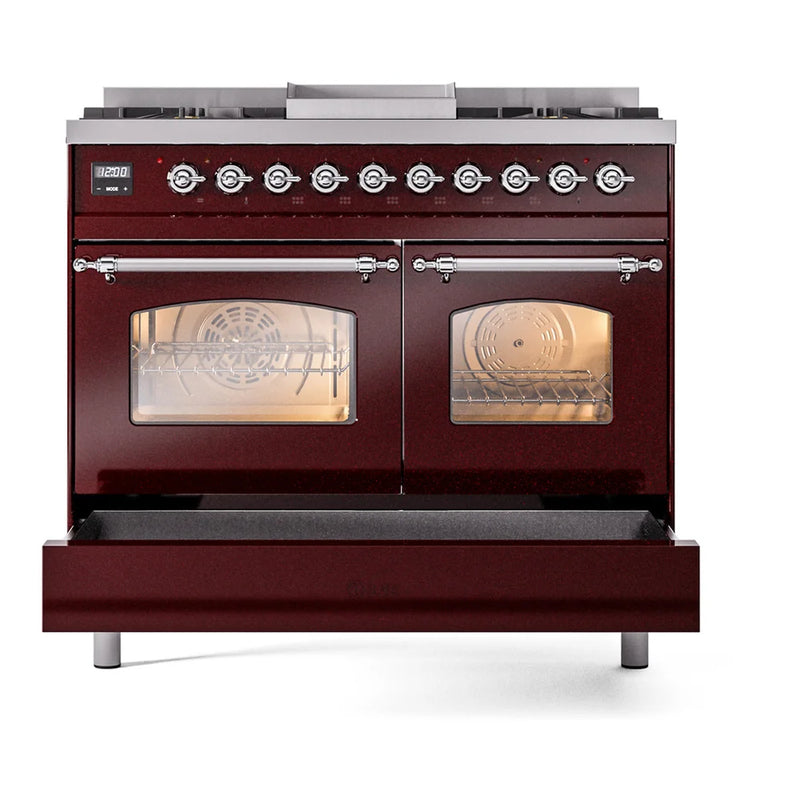 ILVE Nostalgie II 40" Dual Fuel Freestanding Range in Burgundy with Chrome Trim, UPD40FNMPBUCLP