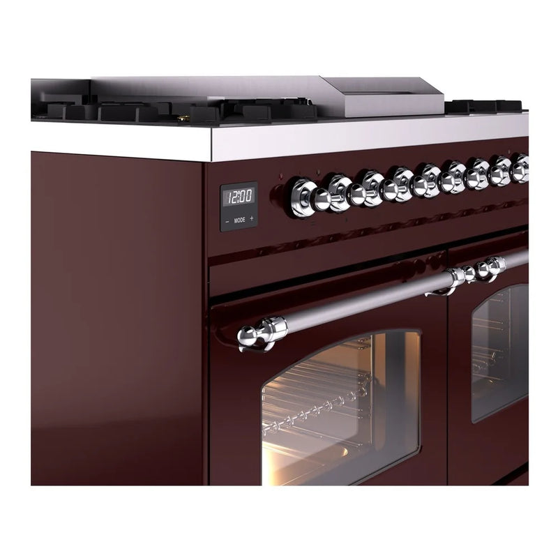 ILVE Nostalgie II 40" Dual Fuel Freestanding Range in Burgundy with Chrome Trim, UPD40FNMPBUCLP