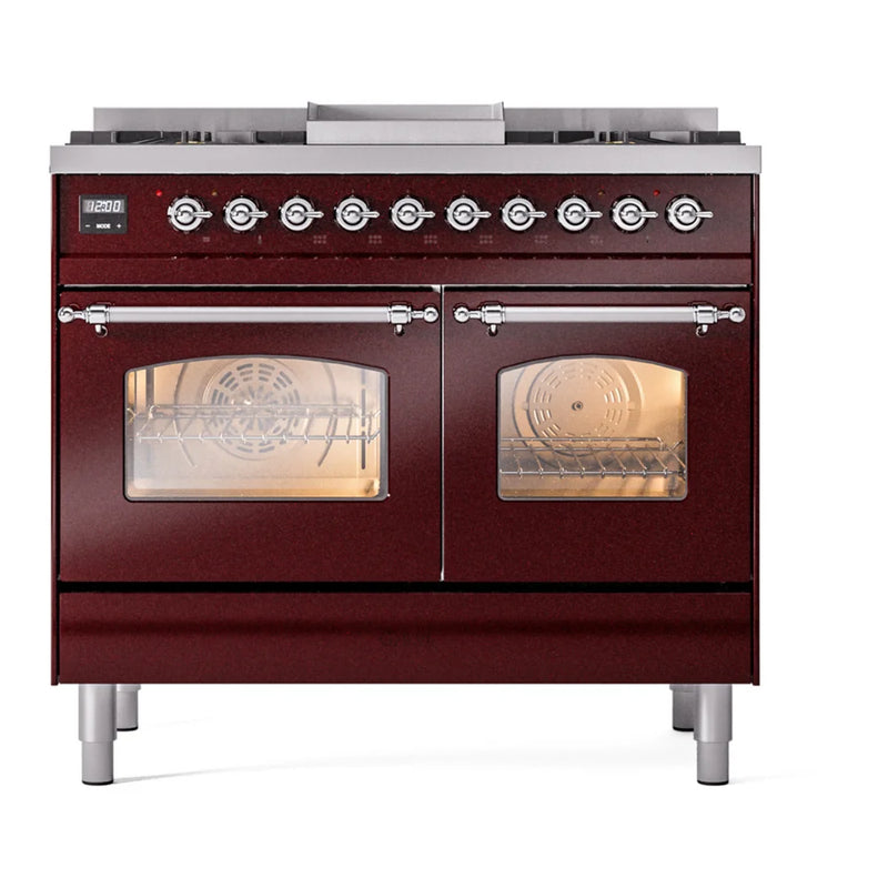 ILVE Nostalgie II 40" Dual Fuel Freestanding Range in Burgundy with Chrome Trim, UPD40FNMPBUC