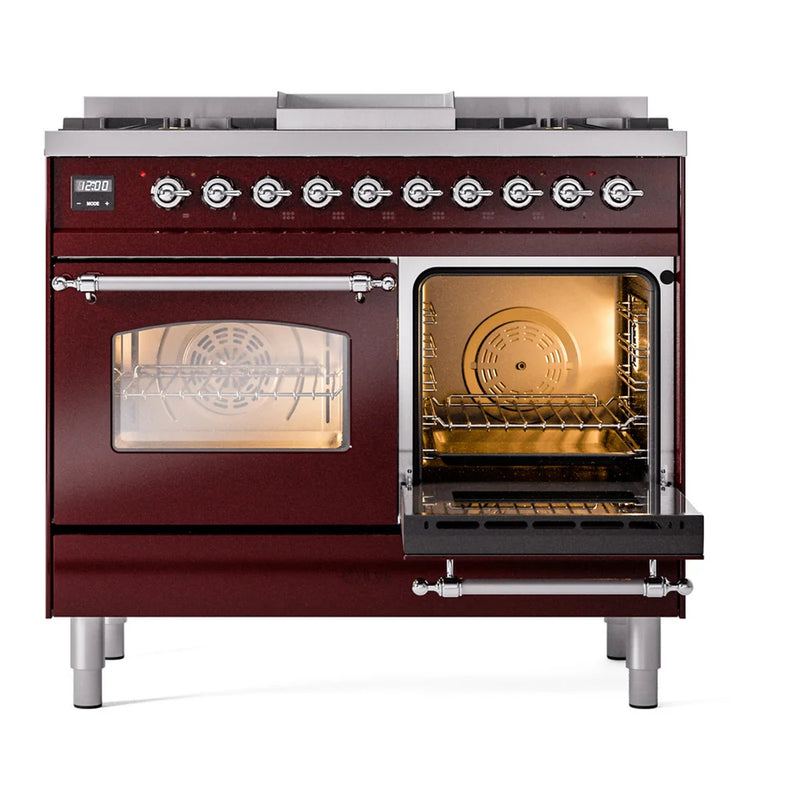 ILVE Nostalgie II 40" Dual Fuel Freestanding Range in Burgundy with Chrome Trim, UPD40FNMPBUC