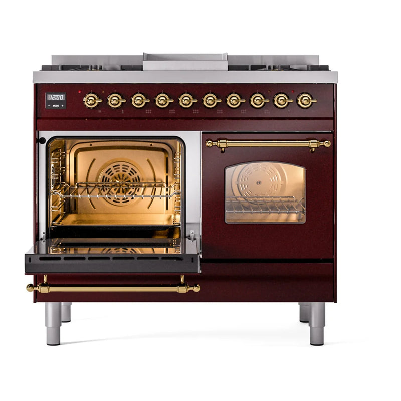 ILVE Nostalgie II 40" Dual Fuel Freestanding Range in Burgundy with Brass Trim, UPD40FNMPBUGLP