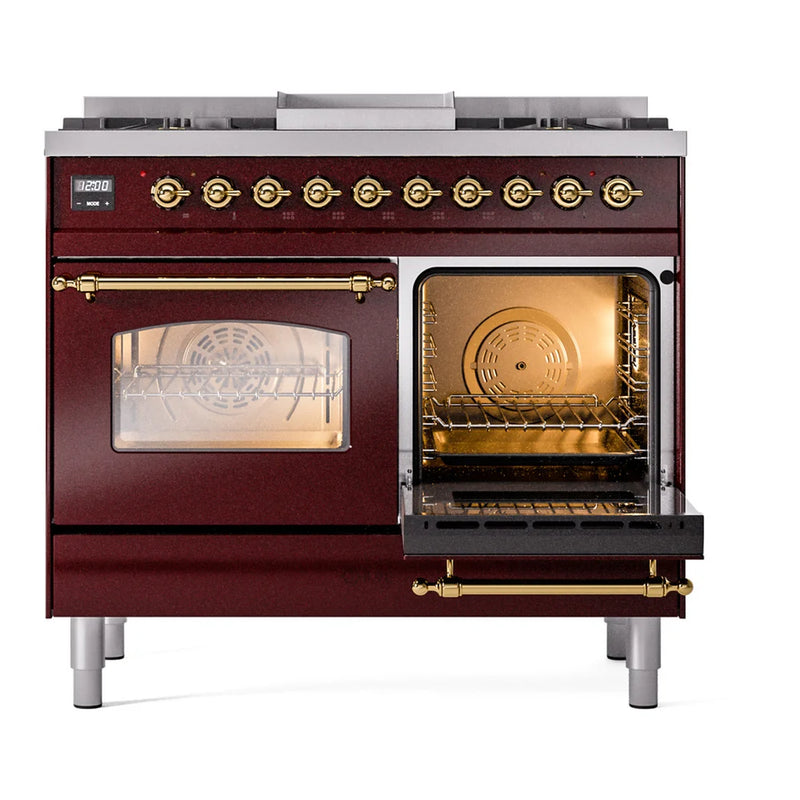 ILVE Nostalgie II 40" Dual Fuel Freestanding Range in Burgundy with Brass Trim, UPD40FNMPBUGLP