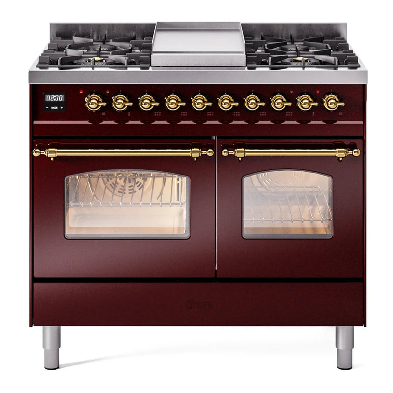 ILVE Nostalgie II 40" Dual Fuel Freestanding Range in Burgundy with Brass Trim, UPD40FNMPBUG