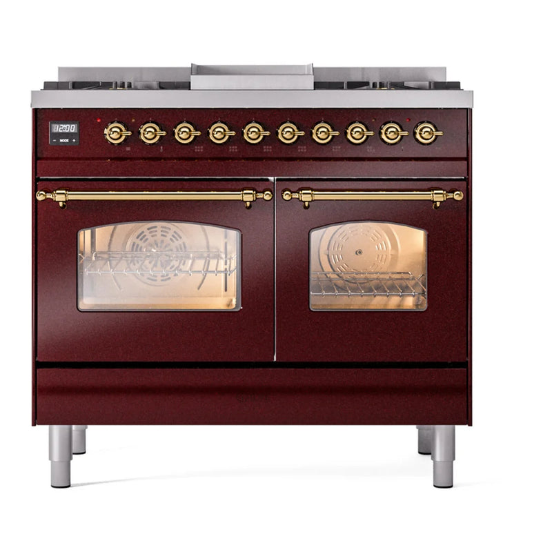 ILVE Nostalgie II 40" Dual Fuel Freestanding Range in Burgundy with Brass Trim, UPD40FNMPBUG
