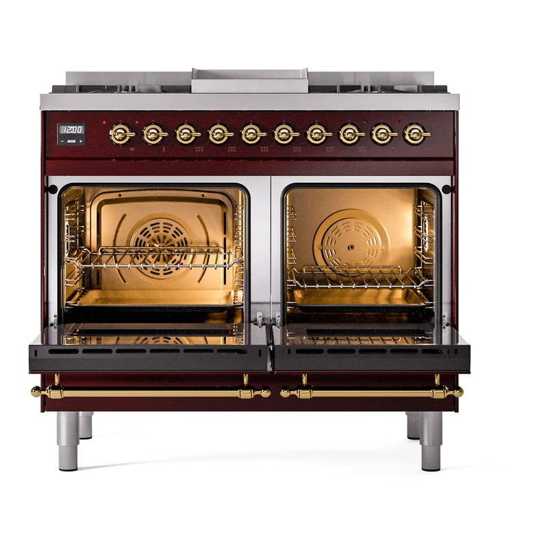ILVE Nostalgie II 40" Dual Fuel Freestanding Range in Burgundy with Brass Trim, UPD40FNMPBUG