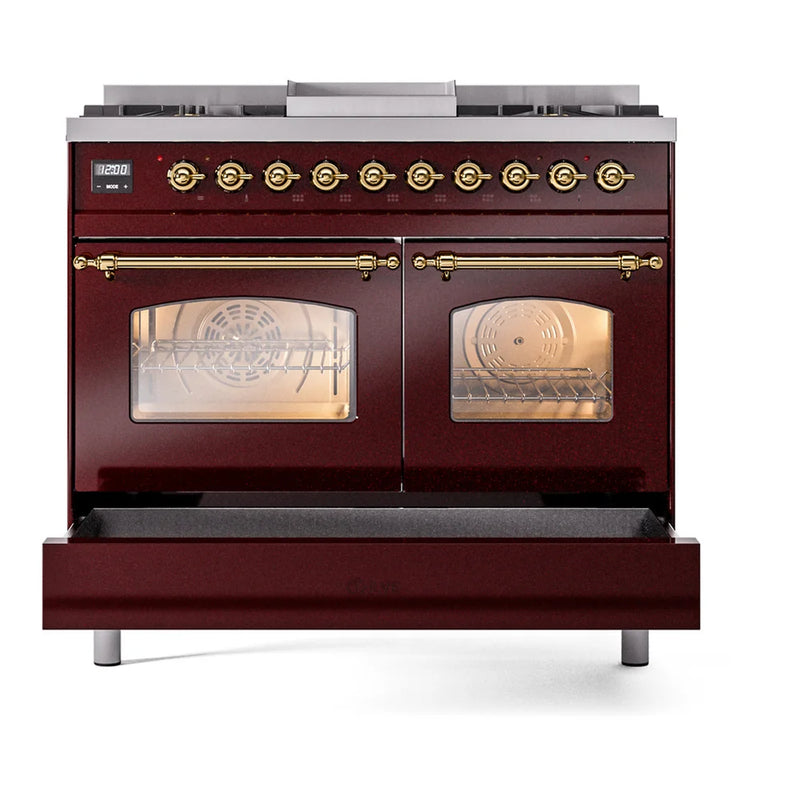 ILVE Nostalgie II 40" Dual Fuel Freestanding Range in Burgundy with Brass Trim, UPD40FNMPBUG
