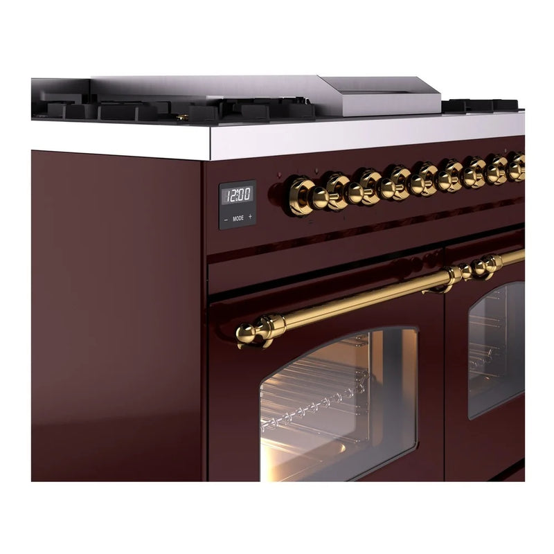 ILVE Nostalgie II 40" Dual Fuel Freestanding Range in Burgundy with Brass Trim, UPD40FNMPBUG