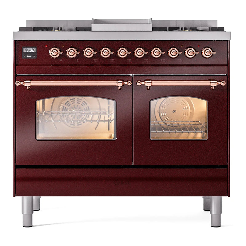 ILVE Nostalgie II 40" Dual Fuel Freestanding Range in Burgundy with Copper Trim, UPD40FNMPBUPLP