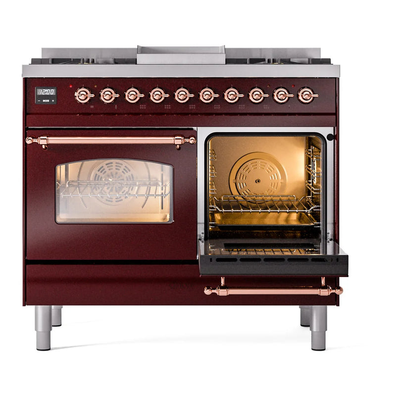 ILVE Nostalgie II 40" Dual Fuel Freestanding Range in Burgundy with Copper Trim, UPD40FNMPBUPLP